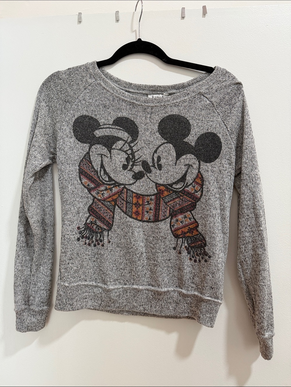 Disney Gray Mickey & Minnie Scarf Graphic Crewneck Sweater